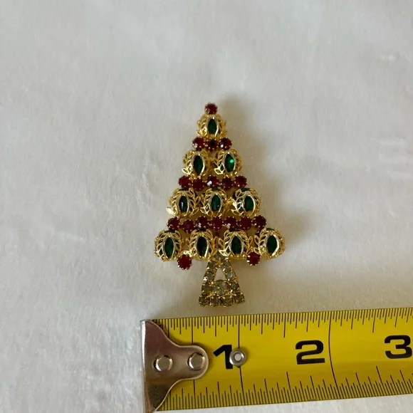 Vintage Hobo Rhinestone Goldtone Brooch Christmas Tree Pin Green Red Gray - Picture 13 of 13